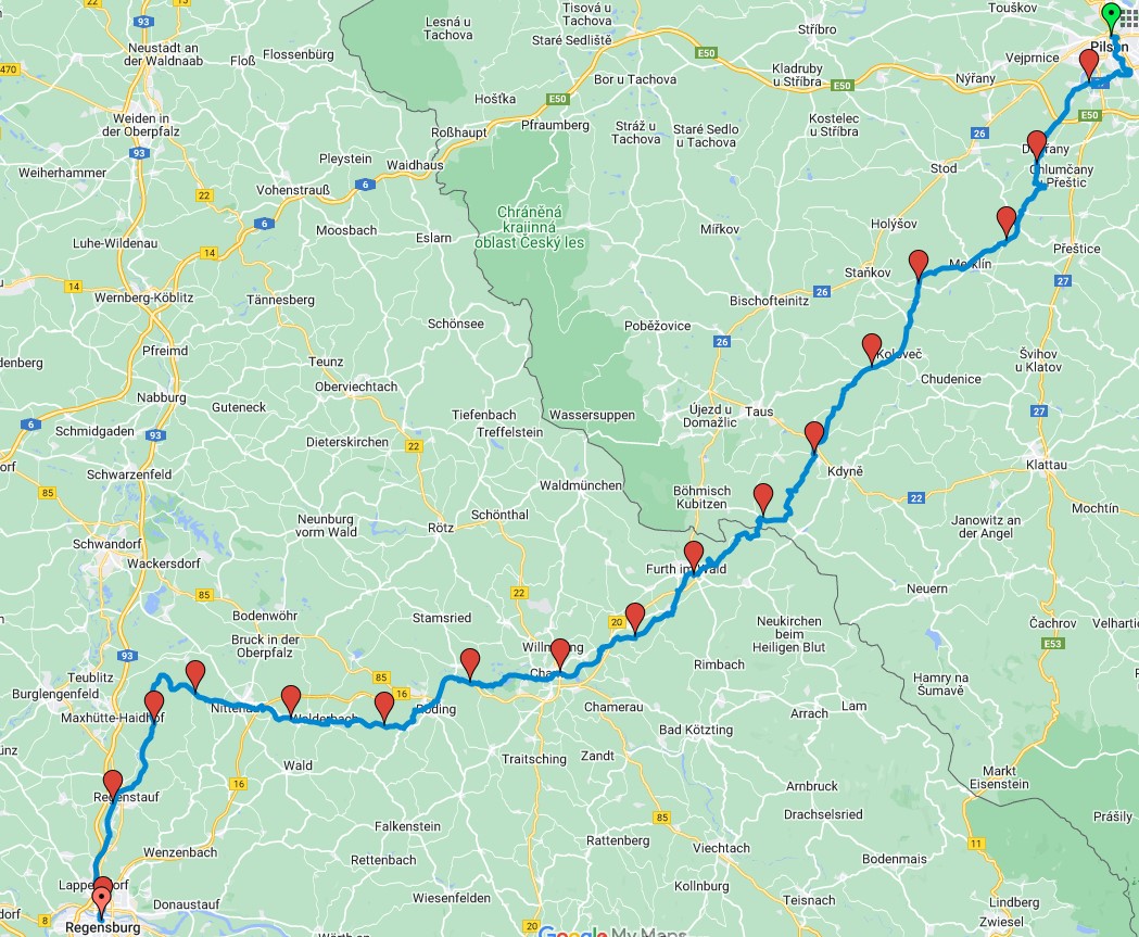 Karte mit eingezeichneter Strecke
