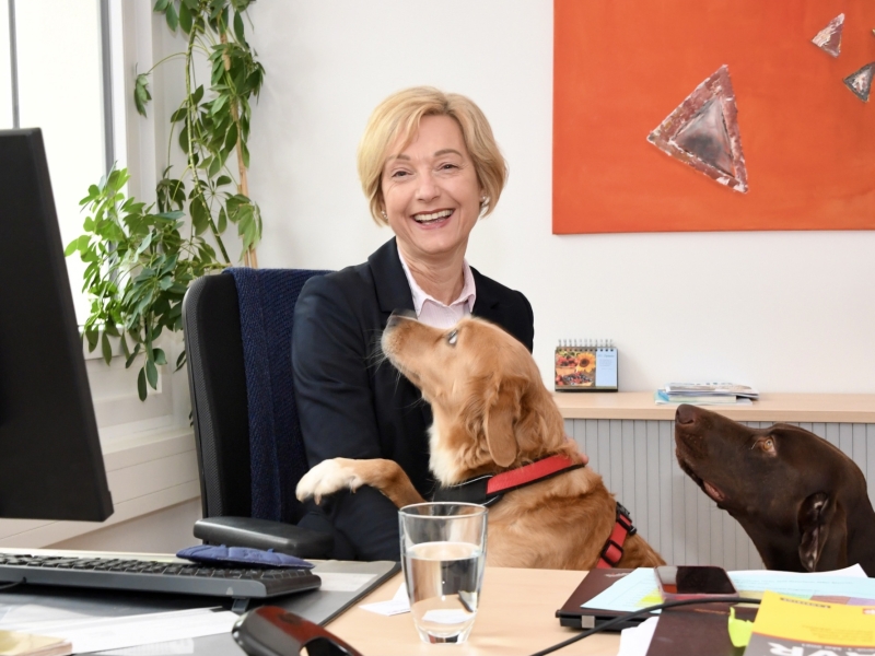 Frau mit Hund im B&uuml;ro